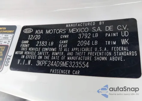 2021 Kia Forte Fe from USA, damaged, VIN 3KPF24AD9ME323554